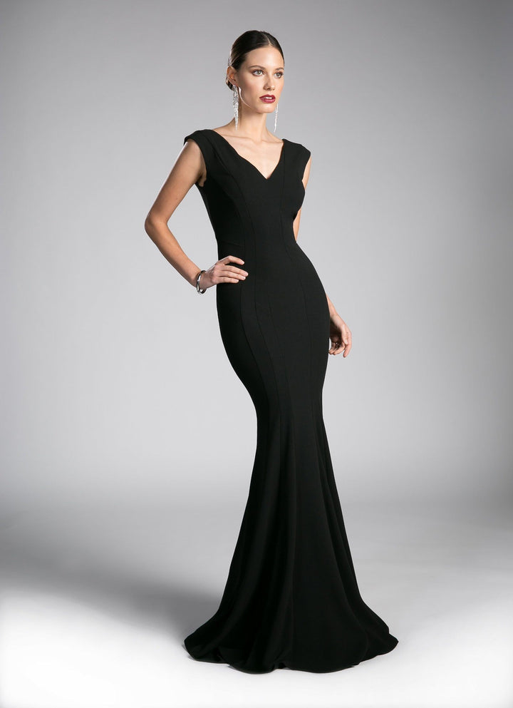 Pleated Long V-Neck Mermaid Dress by Cinderella Divine CD710-Long Formal Dresses-ABC Fashion