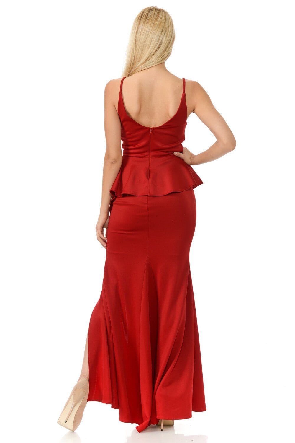 Long Pleated V-Neck Peplum Dress by Lenovia 5174-Long Formal Dresses-ABC Fashion