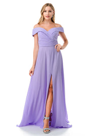 Pleated Off Shoulder A-line Slit Gown by Coya L2767Y