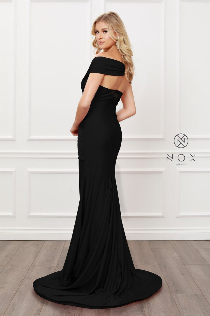 Pleated Off Shoulder Mermaid Gown by Nox Anabel E497