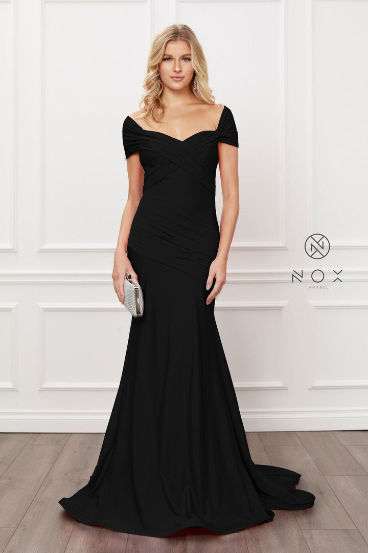 Pleated Off Shoulder Mermaid Gown by Nox Anabel E497