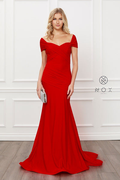 Pleated Off Shoulder Mermaid Gown by Nox Anabel E497
