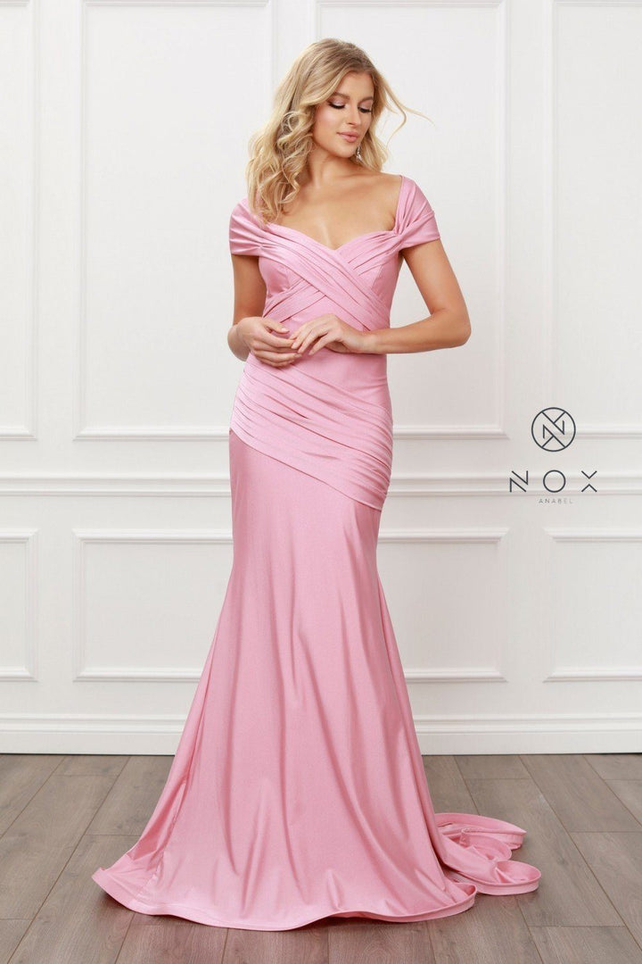 Pleated Off Shoulder Mermaid Gown by Nox Anabel E497