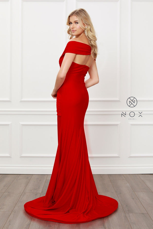 Pleated Off Shoulder Mermaid Gown by Nox Anabel E497