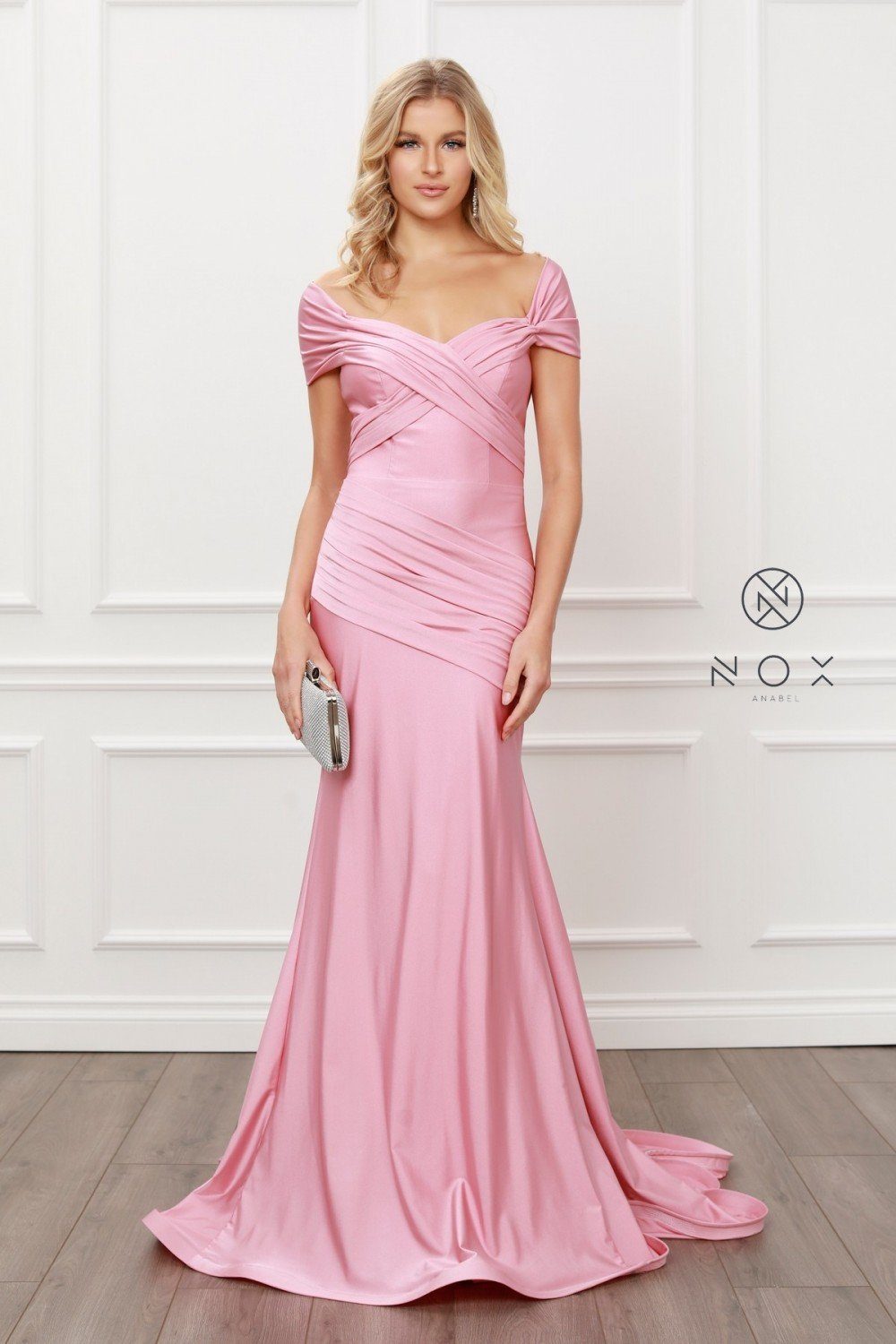 Pleated Off Shoulder Mermaid Gown by Nox Anabel E497