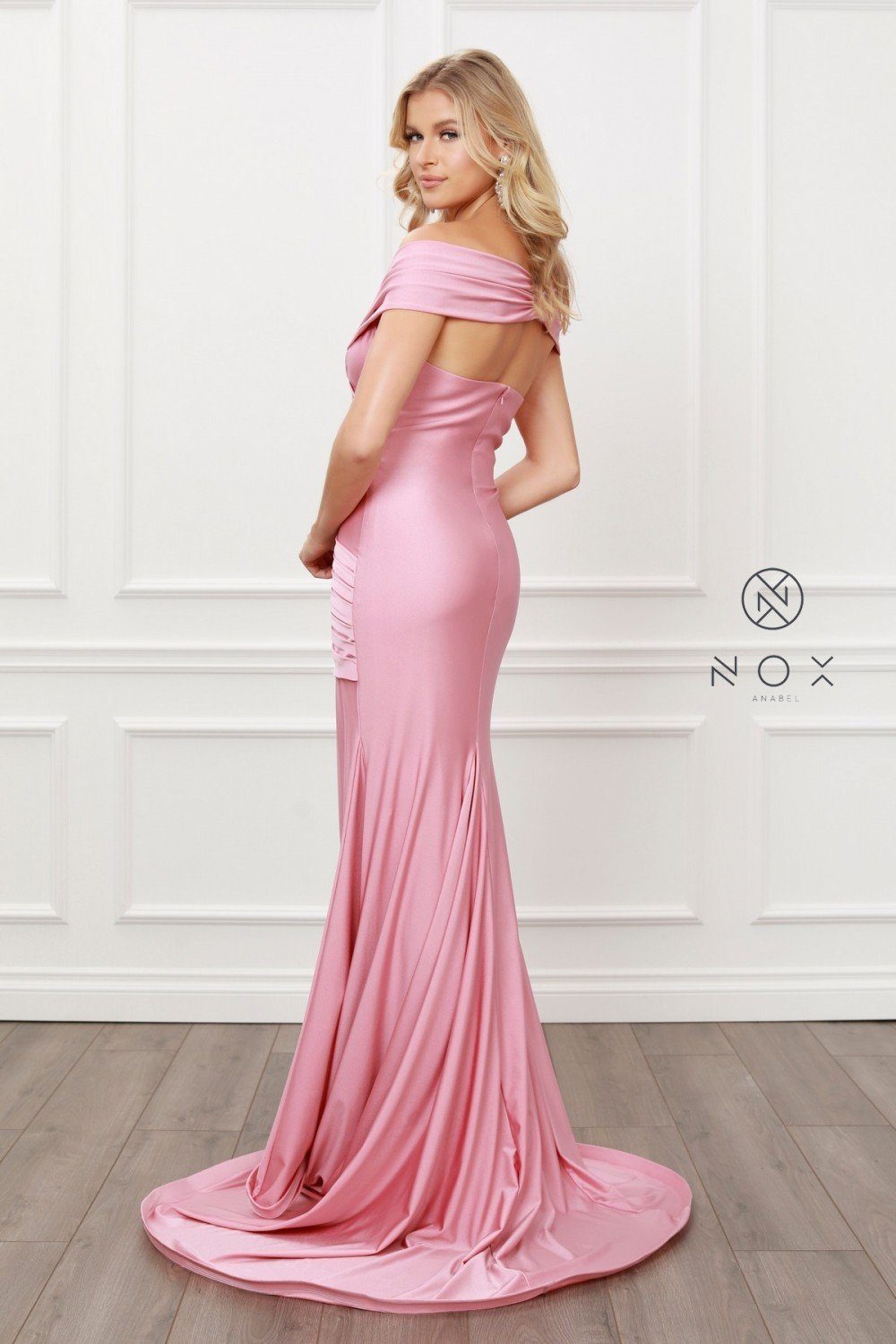 Pleated Off Shoulder Mermaid Gown by Nox Anabel E497