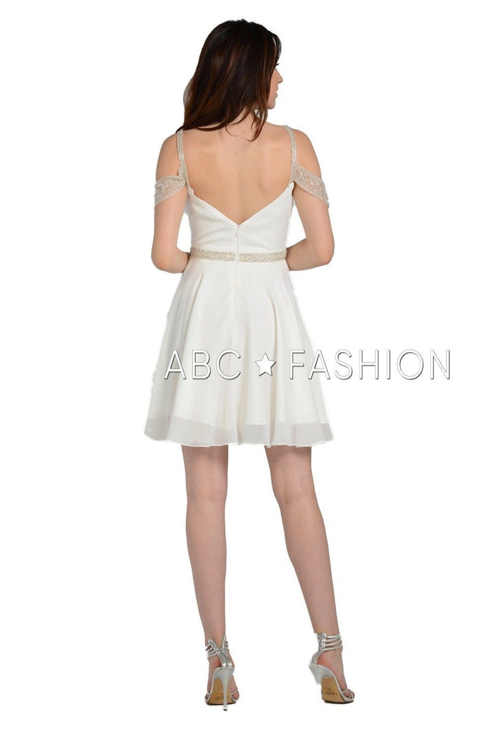 Pleated Short Cold Shoulder Dress with Beaded Straps by Poly USA 8028-Short Cocktail Dresses-ABC Fashion