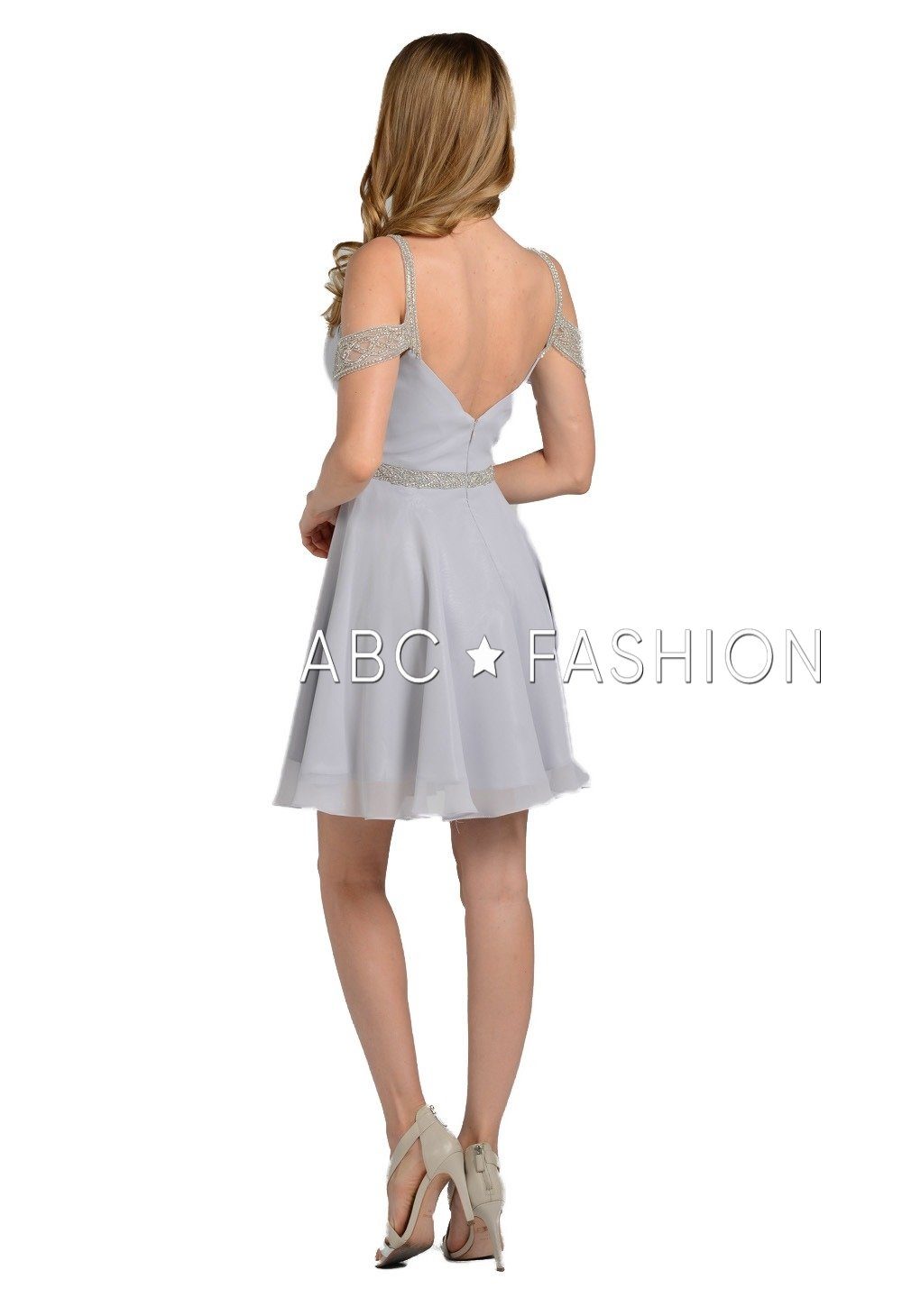 Pleated Short Cold Shoulder Dress with Beaded Straps by Poly USA 8028-Short Cocktail Dresses-ABC Fashion