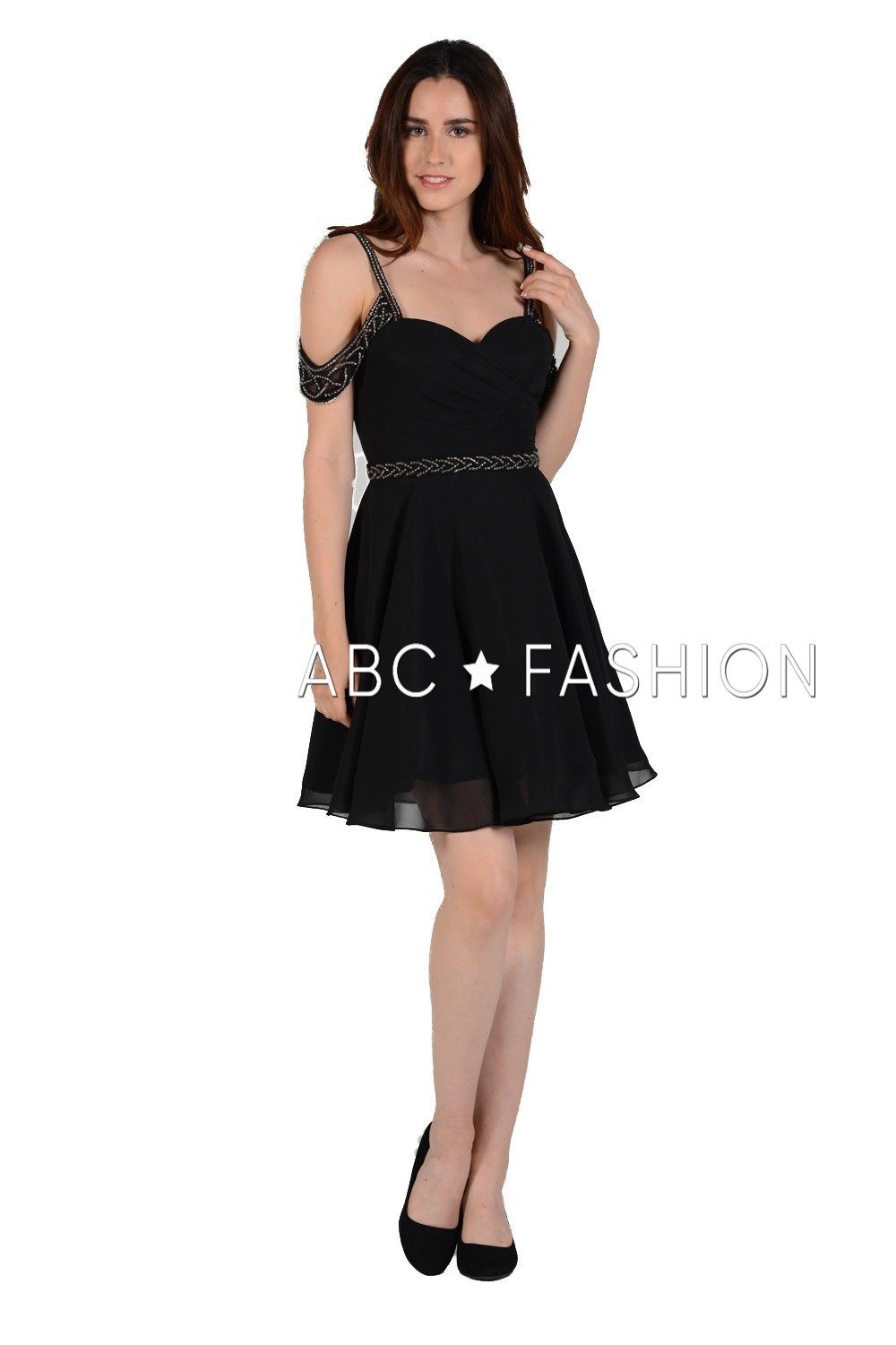 Pleated Short Cold Shoulder Dress with Beaded Straps by Poly USA 8028-Short Cocktail Dresses-ABC Fashion