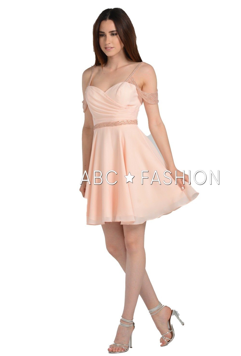 Pleated Short Cold Shoulder Dress with Beaded Straps by Poly USA 8028-Short Cocktail Dresses-ABC Fashion
