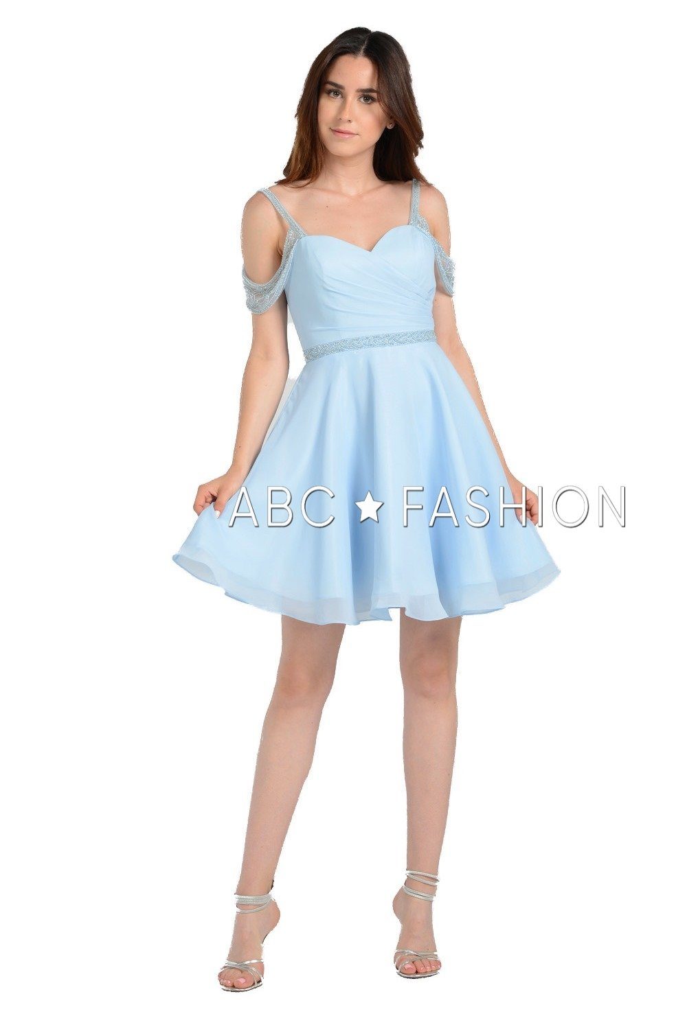 Pleated Short Cold Shoulder Dress with Beaded Straps by Poly USA 8028-Short Cocktail Dresses-ABC Fashion