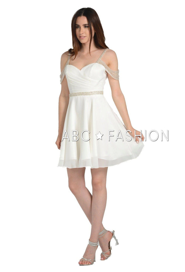 Pleated Short Cold Shoulder Dress with Beaded Straps by Poly USA 8028-Short Cocktail Dresses-ABC Fashion