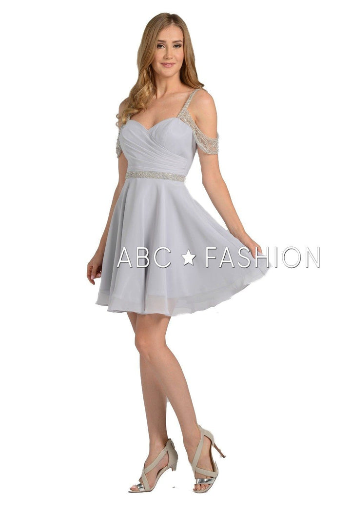 Pleated Short Cold Shoulder Dress with Beaded Straps by Poly USA 8028-Short Cocktail Dresses-ABC Fashion