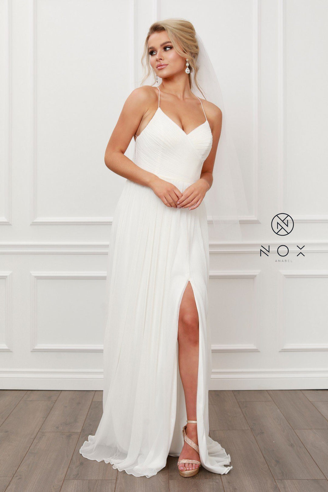 Pleated V-Neck Chiffon Gown by Nox Anabel R477