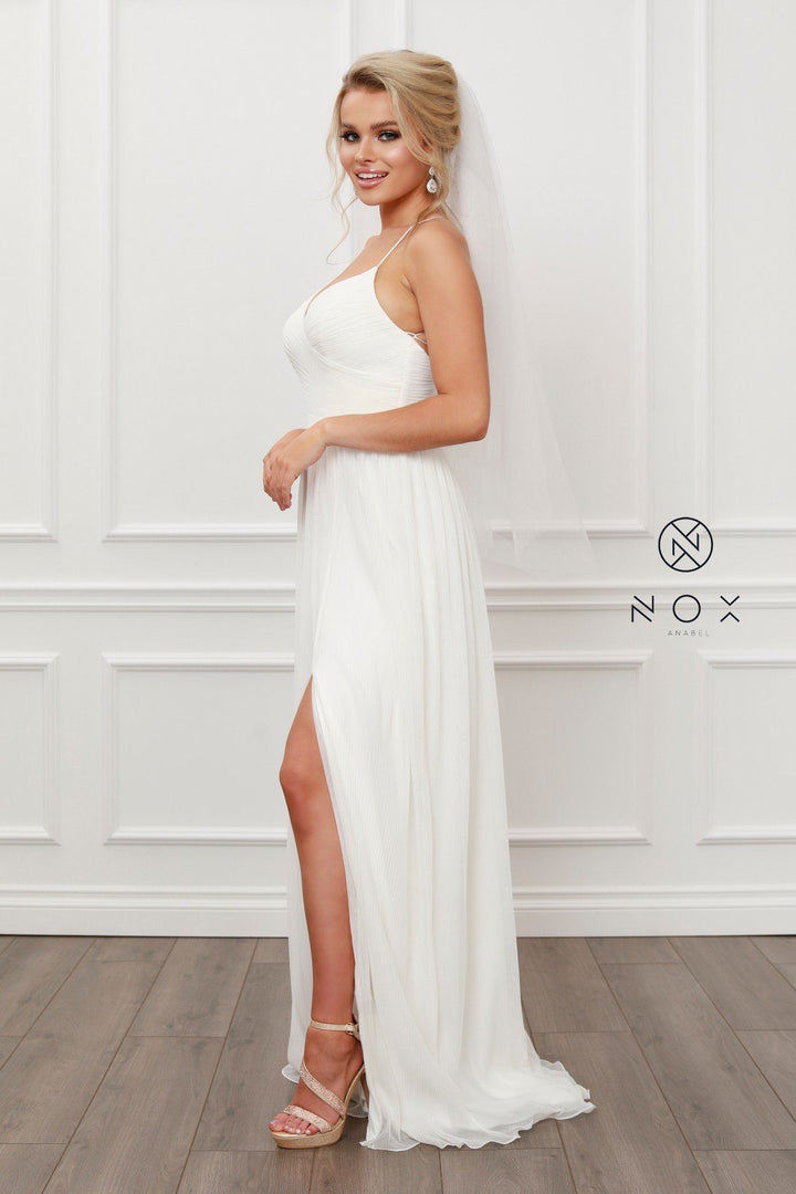 Pleated V-Neck Chiffon Gown by Nox Anabel R477
