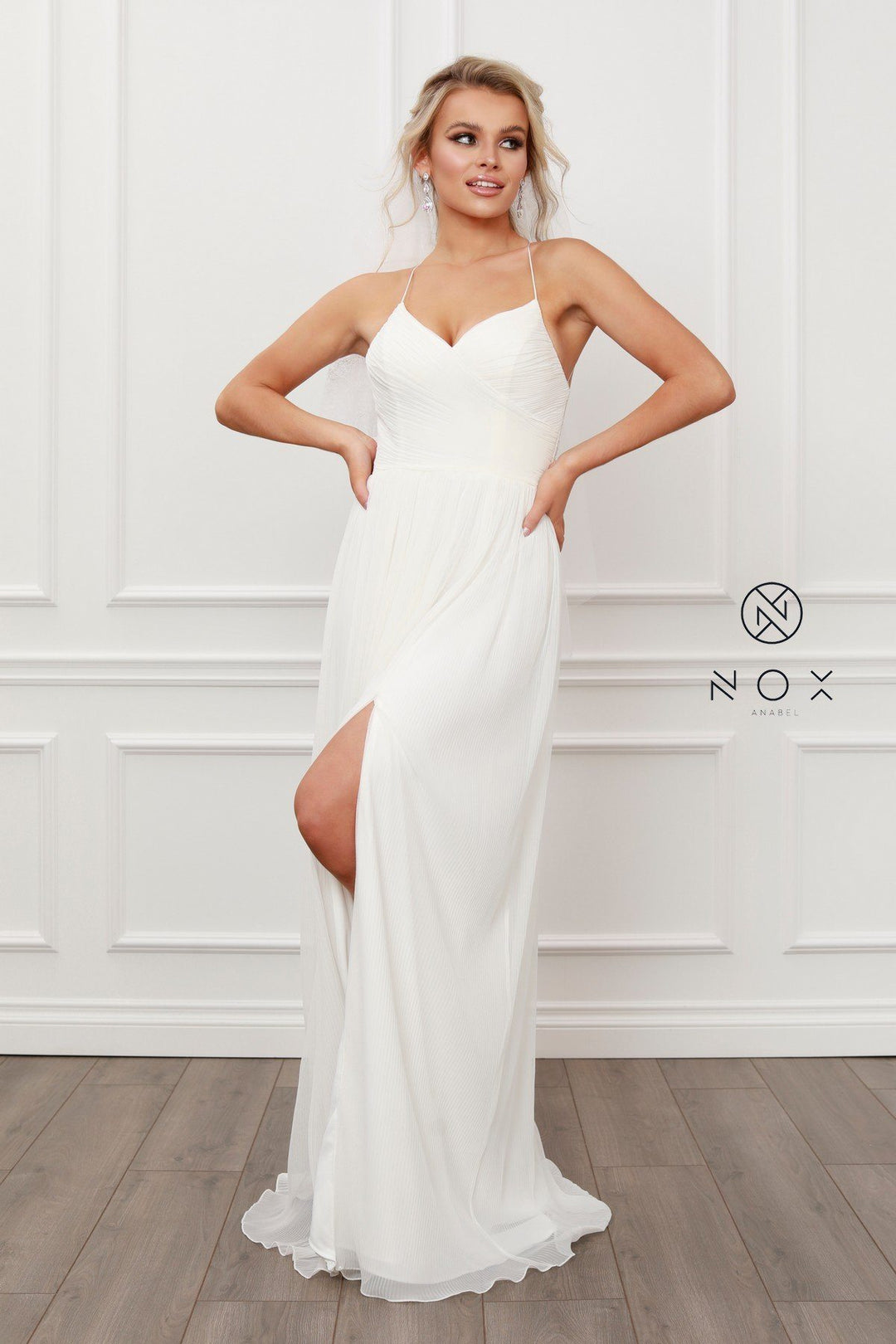 Pleated V-Neck Chiffon Gown by Nox Anabel R477