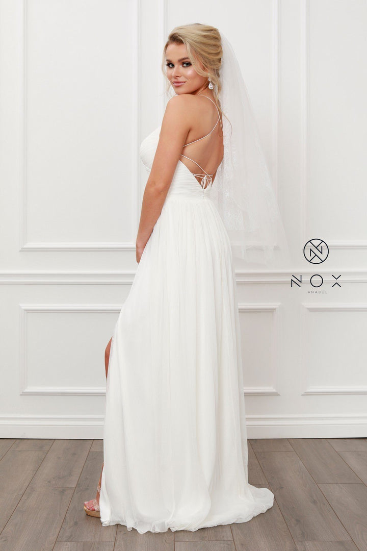 Pleated V-Neck Chiffon Gown by Nox Anabel R477