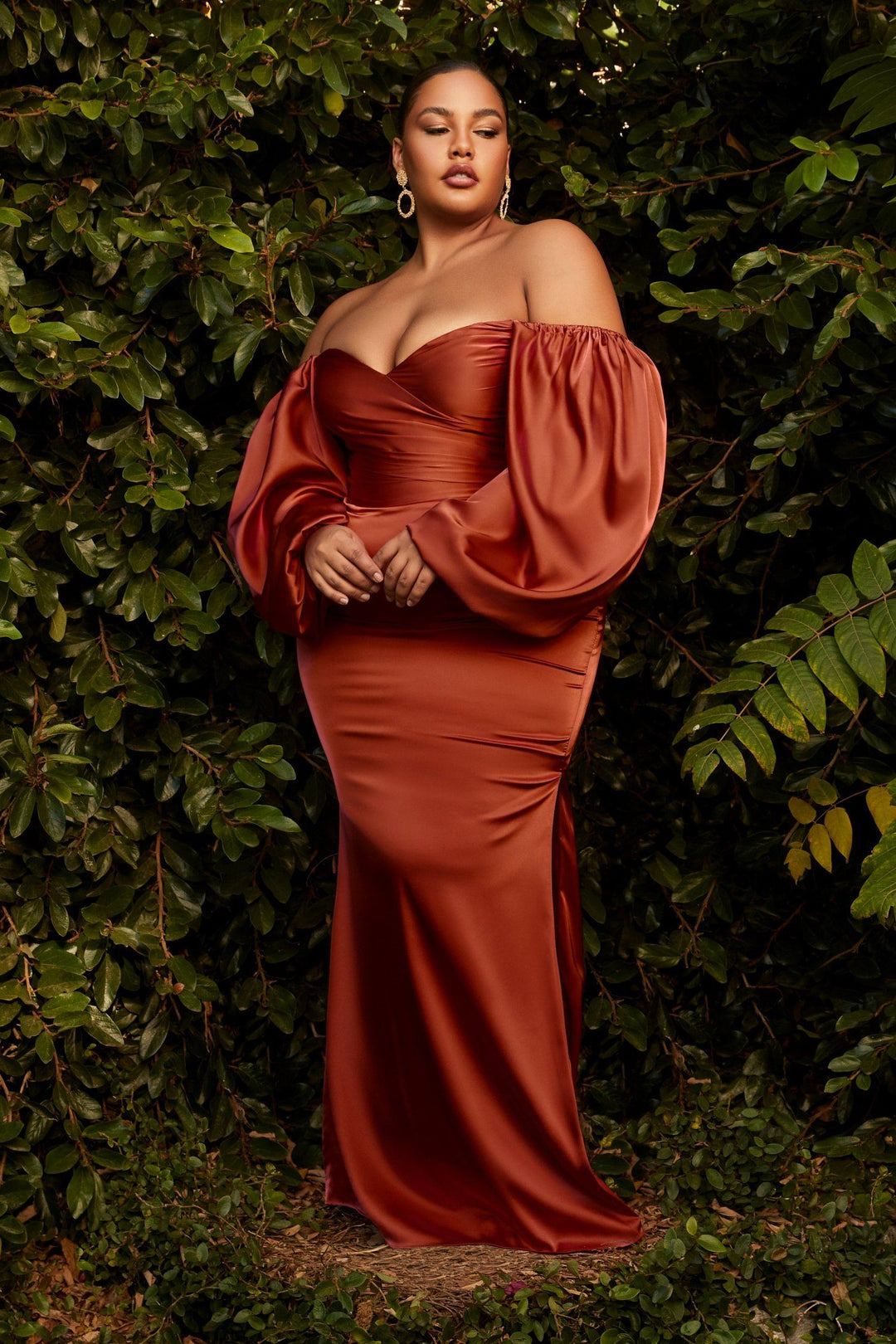Plus Size Fitted Long Sleeve Satin Gown by Cinderella Divine 7482C