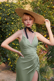 Plus Size Fitted Long V-Neck Satin Dress by Ladivine 7494C