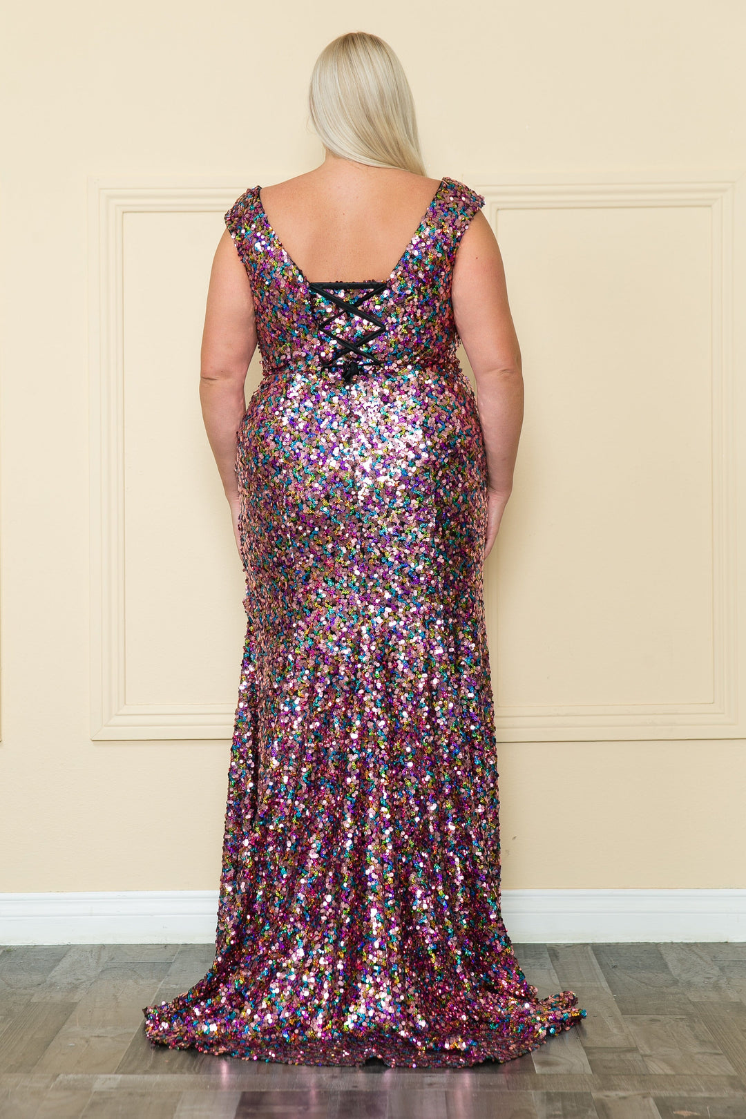Plus Size Fitted Multicolor Sequin Gown by Poly USA W1124