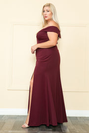 Plus Size Fitted Off Shoulder Slit Gown by Poly USA W1118