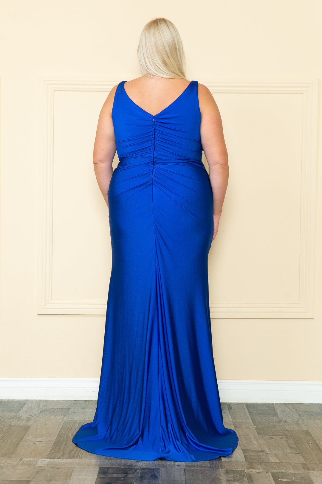 Plus Size Fitted V-Neck Slit Gown by Poly USA W1114