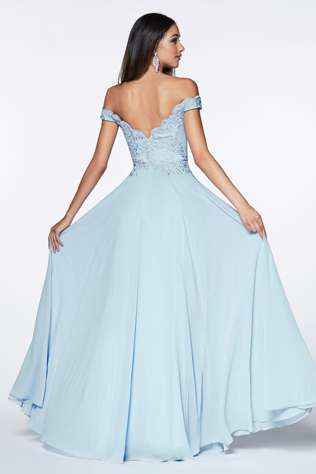 Off the Shoulder Gown with Lace Bodice by Cinderella Divine 7258-Long Formal Dresses-ABC Fashion