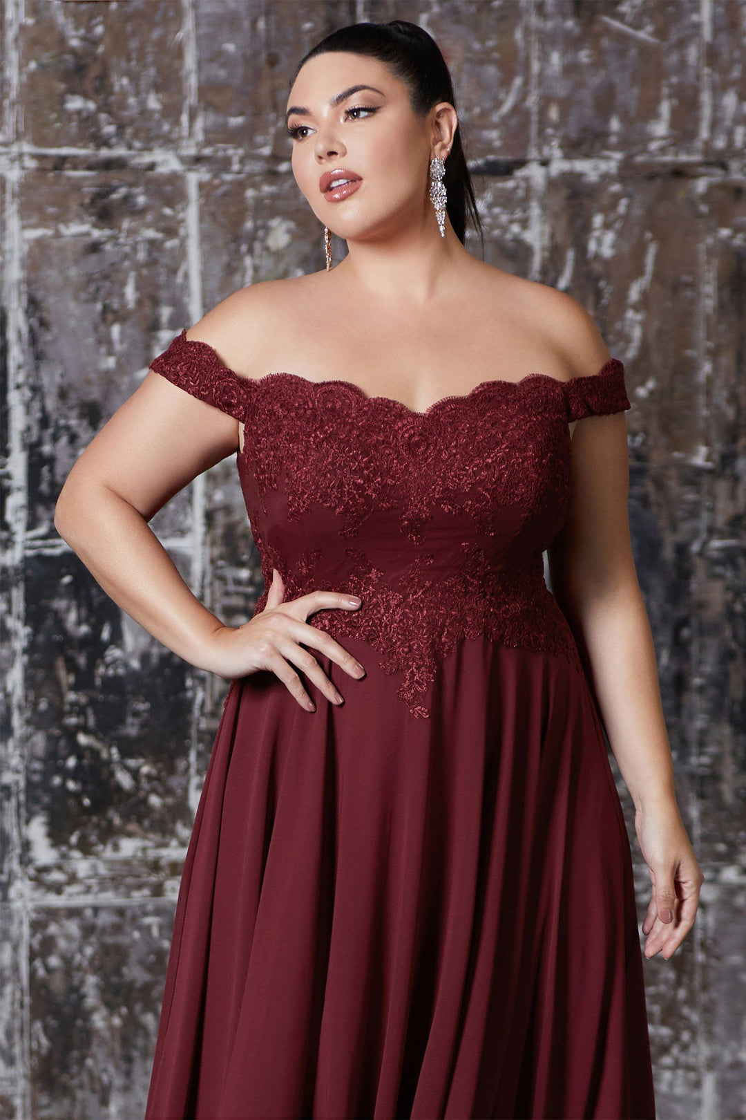 Plus Size Lace Bodice Off Shoulder Gown by Cinderella Divine 7258