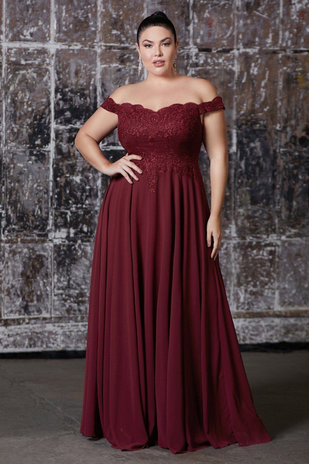 Plus Size Lace Bodice Off Shoulder Gown by Cinderella Divine 7258