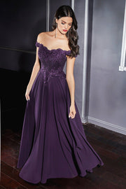 Plus Size Lace Bodice Off Shoulder Gown by Cinderella Divine 7258