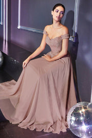 Plus Size Lace Bodice Off Shoulder Gown by Cinderella Divine 7258