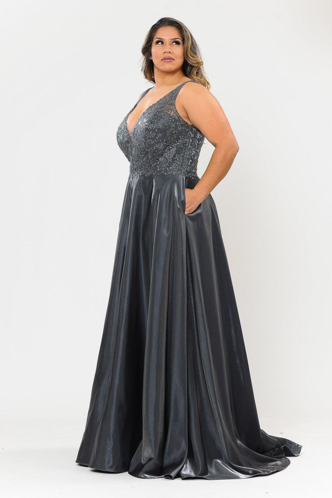 Plus Size Long Embroidered Bodice Satin Dress by Poly USA W1032