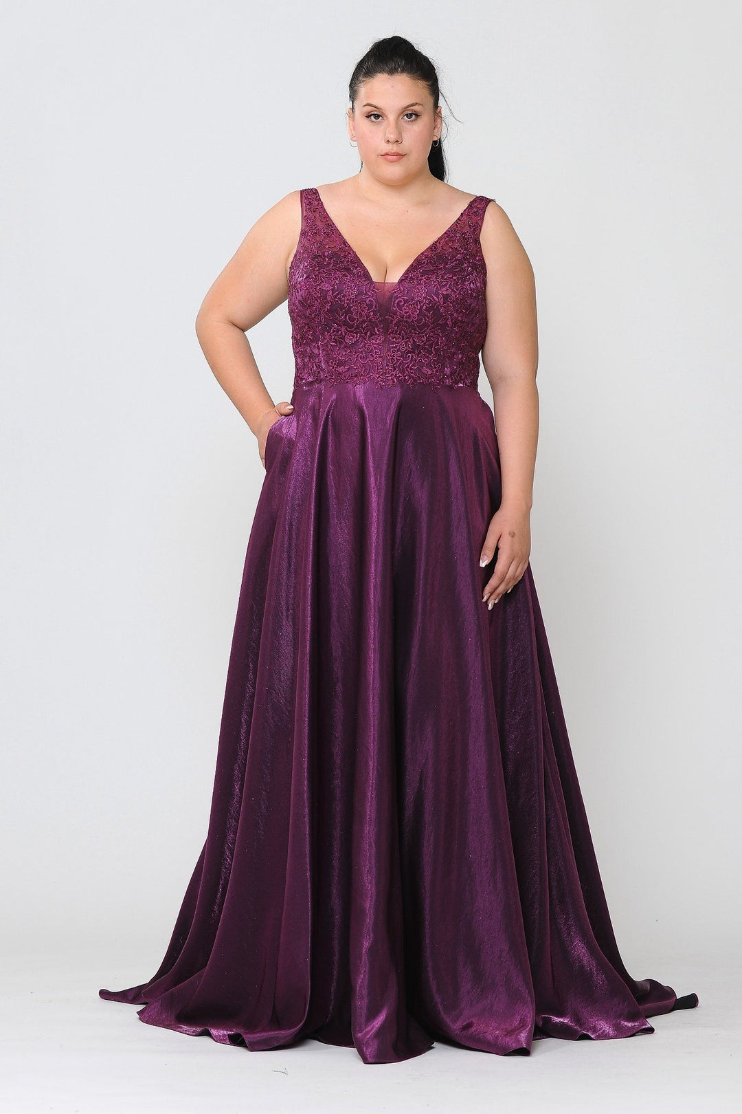 Plus Size Long Embroidered Bodice Satin Dress by Poly USA W1032