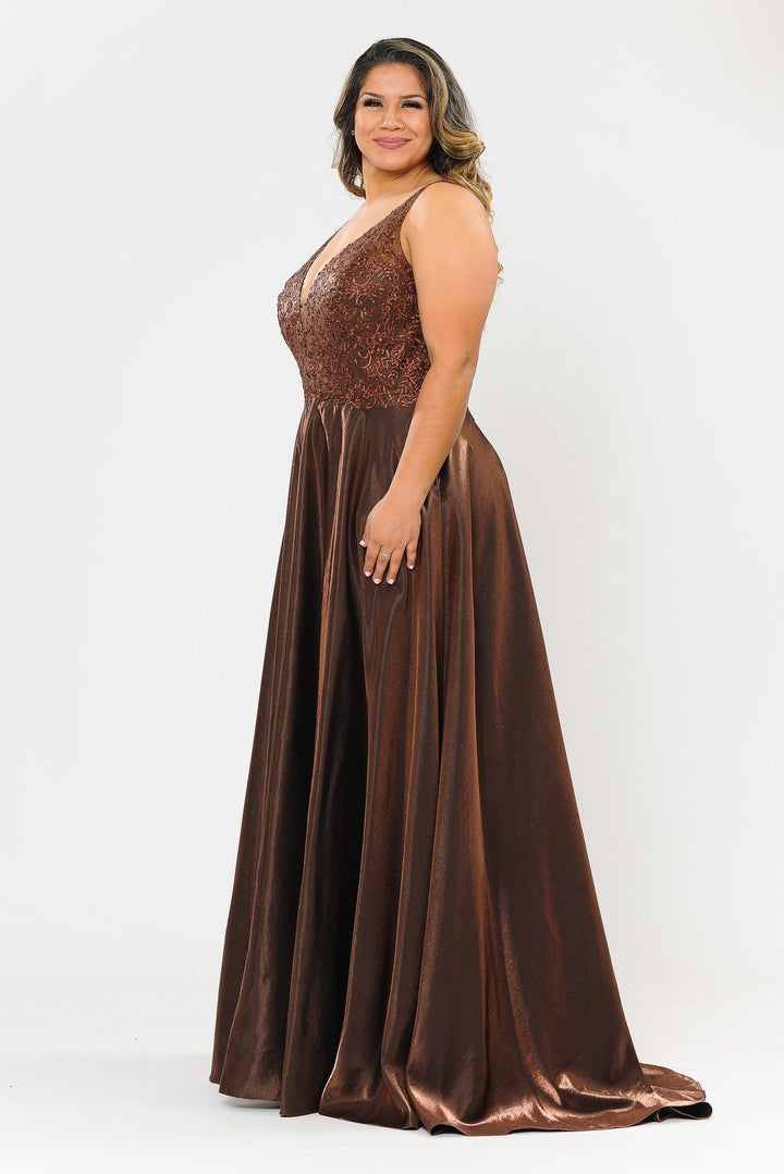 Plus Size Long Embroidered Bodice Satin Dress by Poly USA W1032