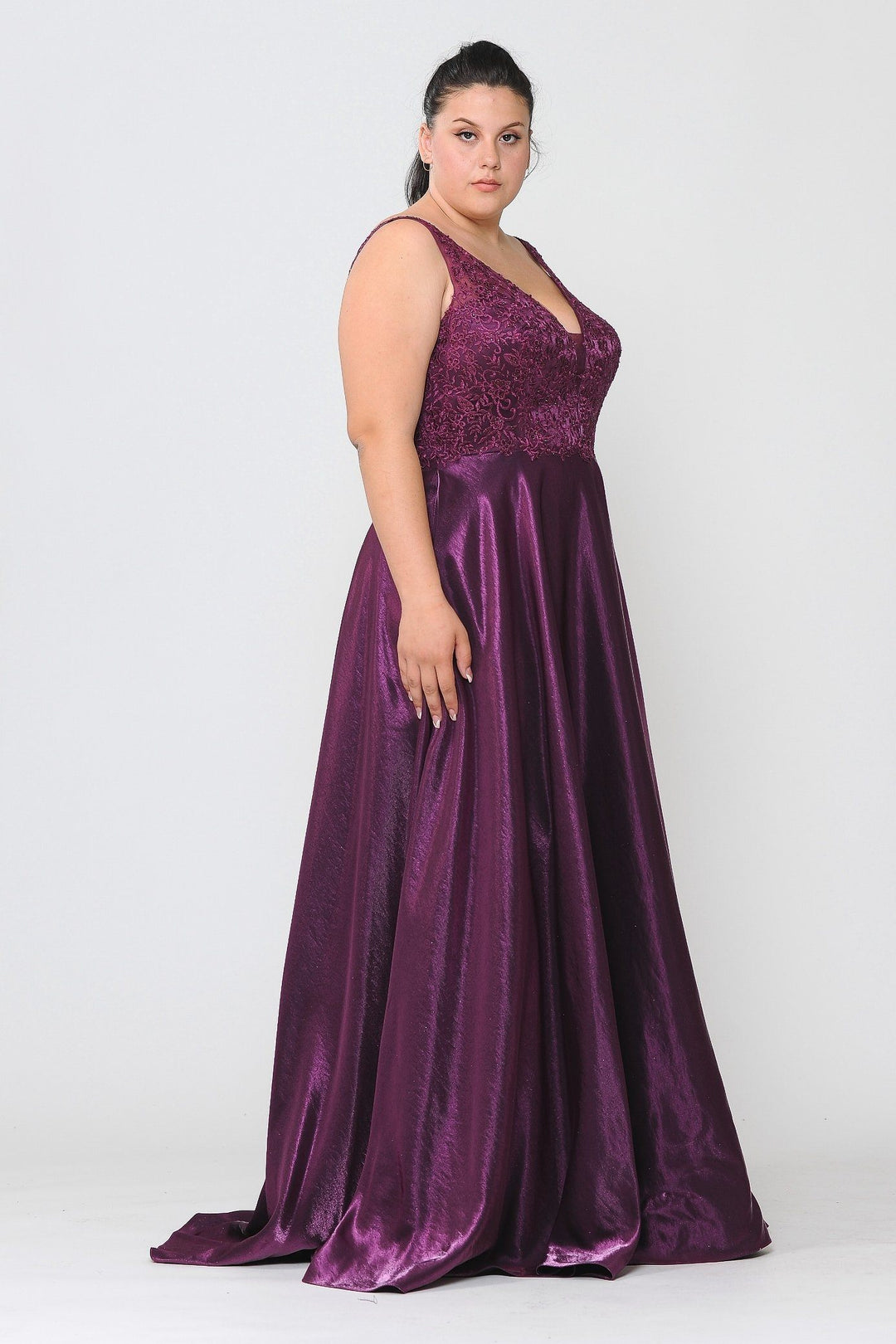 Plus Size Long Embroidered Bodice Satin Dress by Poly USA W1032