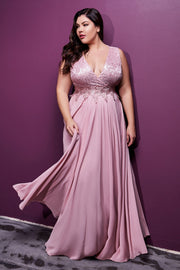 Plus Size Long Lace Bodice Dress by Cinderella Divine S7201