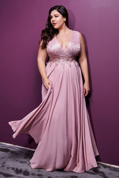 Plus Size Long Lace Bodice Dress by Cinderella Divine S7201