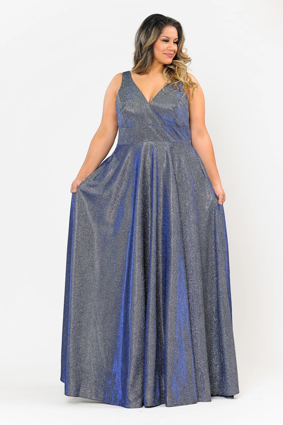 Plus Size Long Metallic Glitter V-Neck Dress by Poly USA W1036