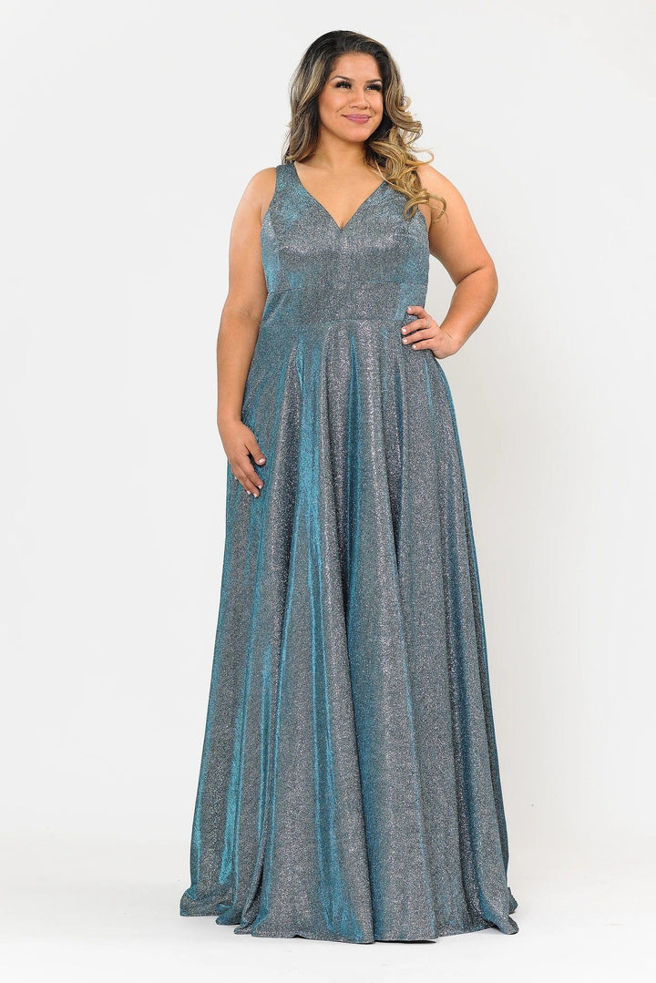 Plus Size Long Metallic Glitter V-Neck Dress by Poly USA W1036