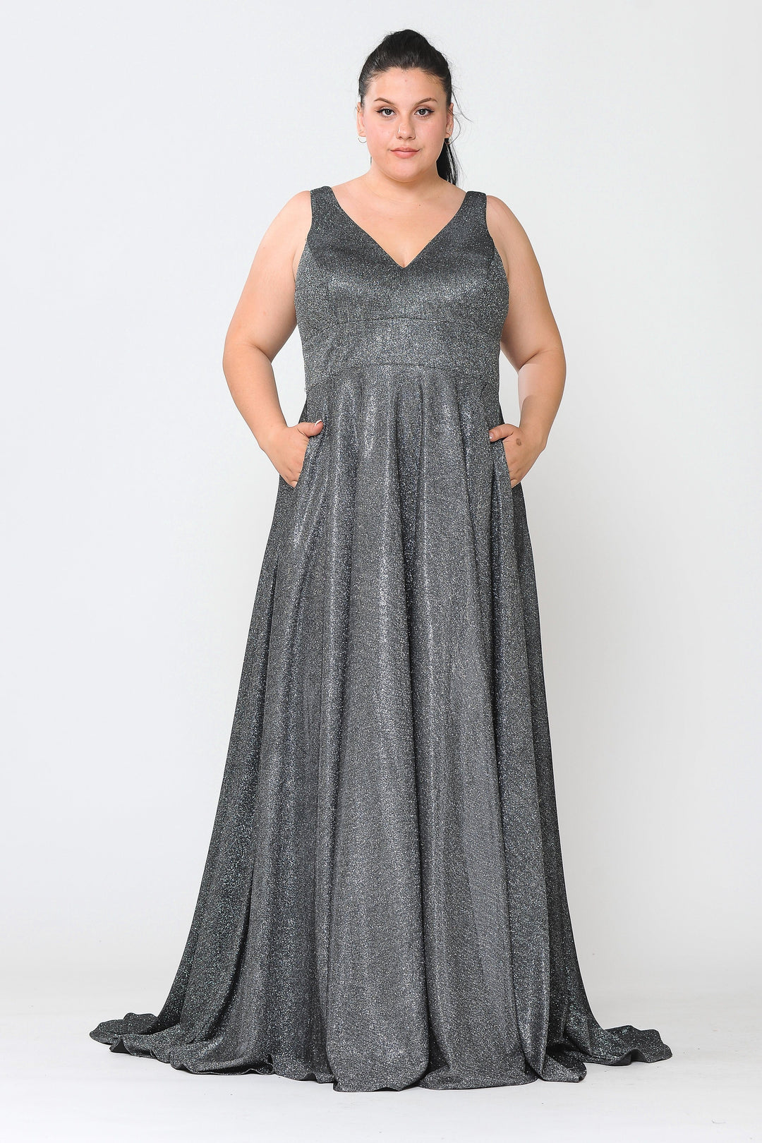 Plus Size Long Metallic Glitter V-Neck Dress by Poly USA W1036