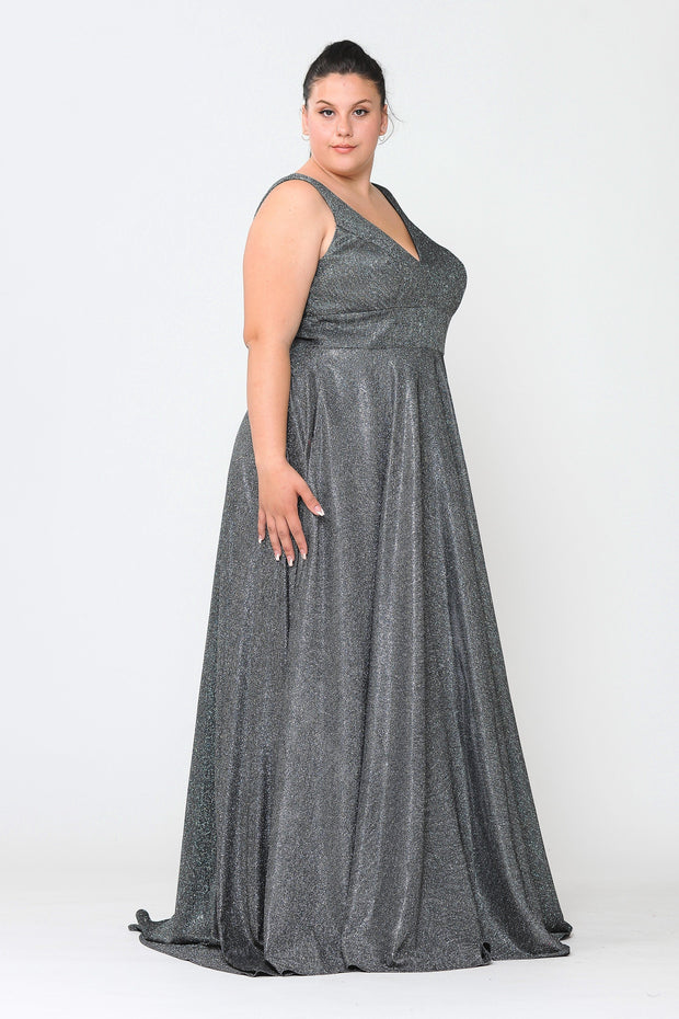Plus Size Long Metallic Glitter V-Neck Dress by Poly USA W1036