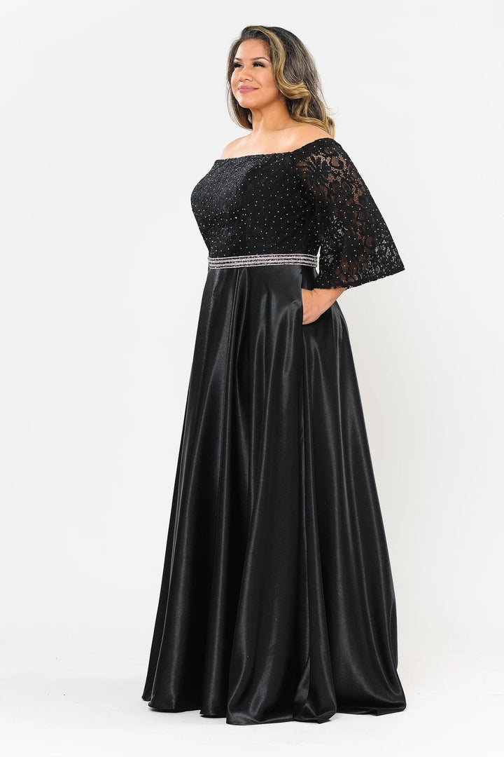 Plus Size Long Off Shoulder Dress with Sleeves by Poly USA W1008-Long Formal Dresses-ABC Fashion