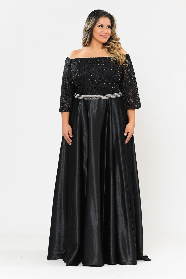 Plus Size Long Off Shoulder Dress with Sleeves by Poly USA W1008-Long Formal Dresses-ABC Fashion