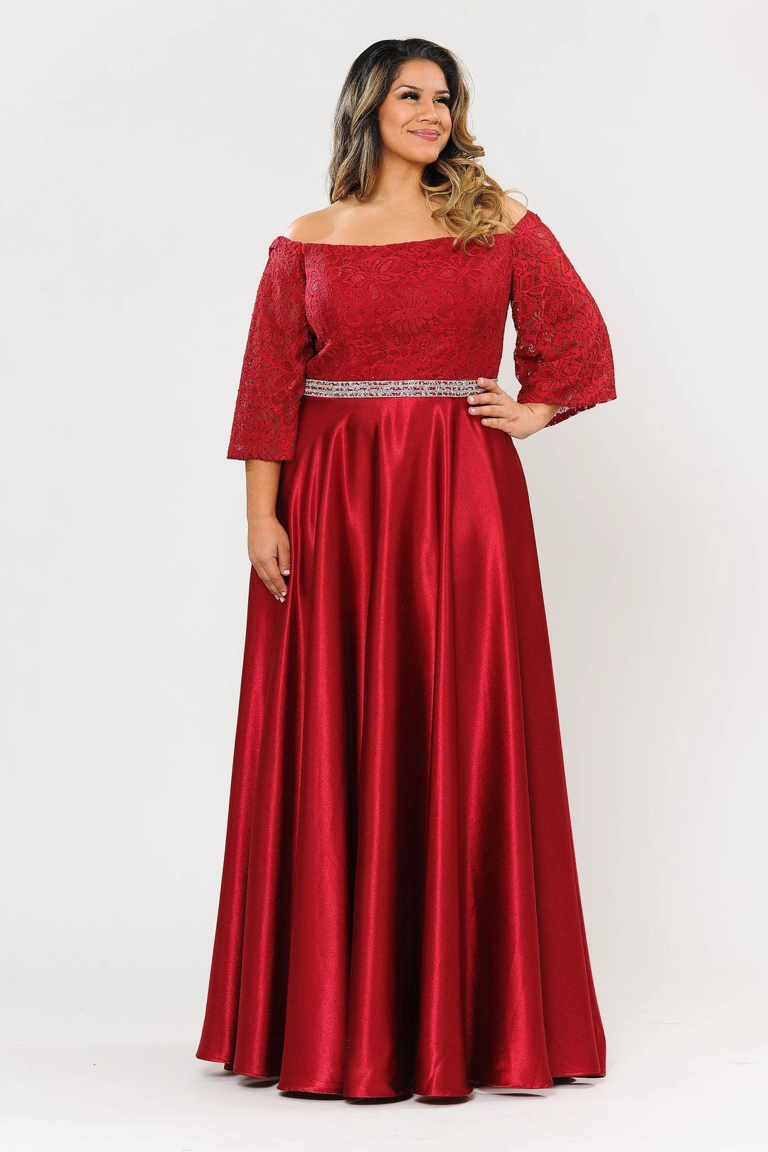 Plus Size Long Off Shoulder Dress with Sleeves by Poly USA W1008-Long Formal Dresses-ABC Fashion