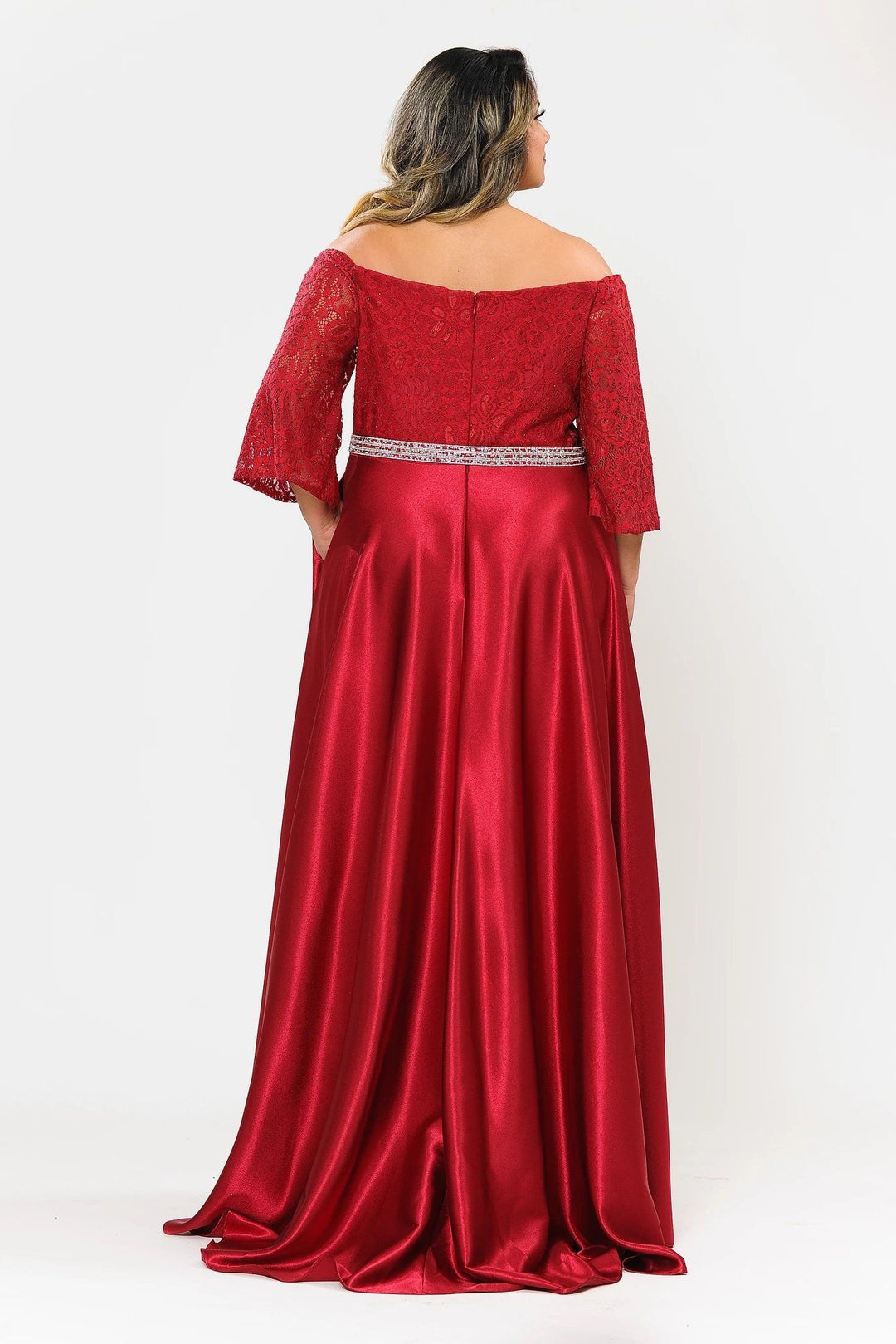 Plus Size Long Off Shoulder Dress with Sleeves by Poly USA W1008-Long Formal Dresses-ABC Fashion