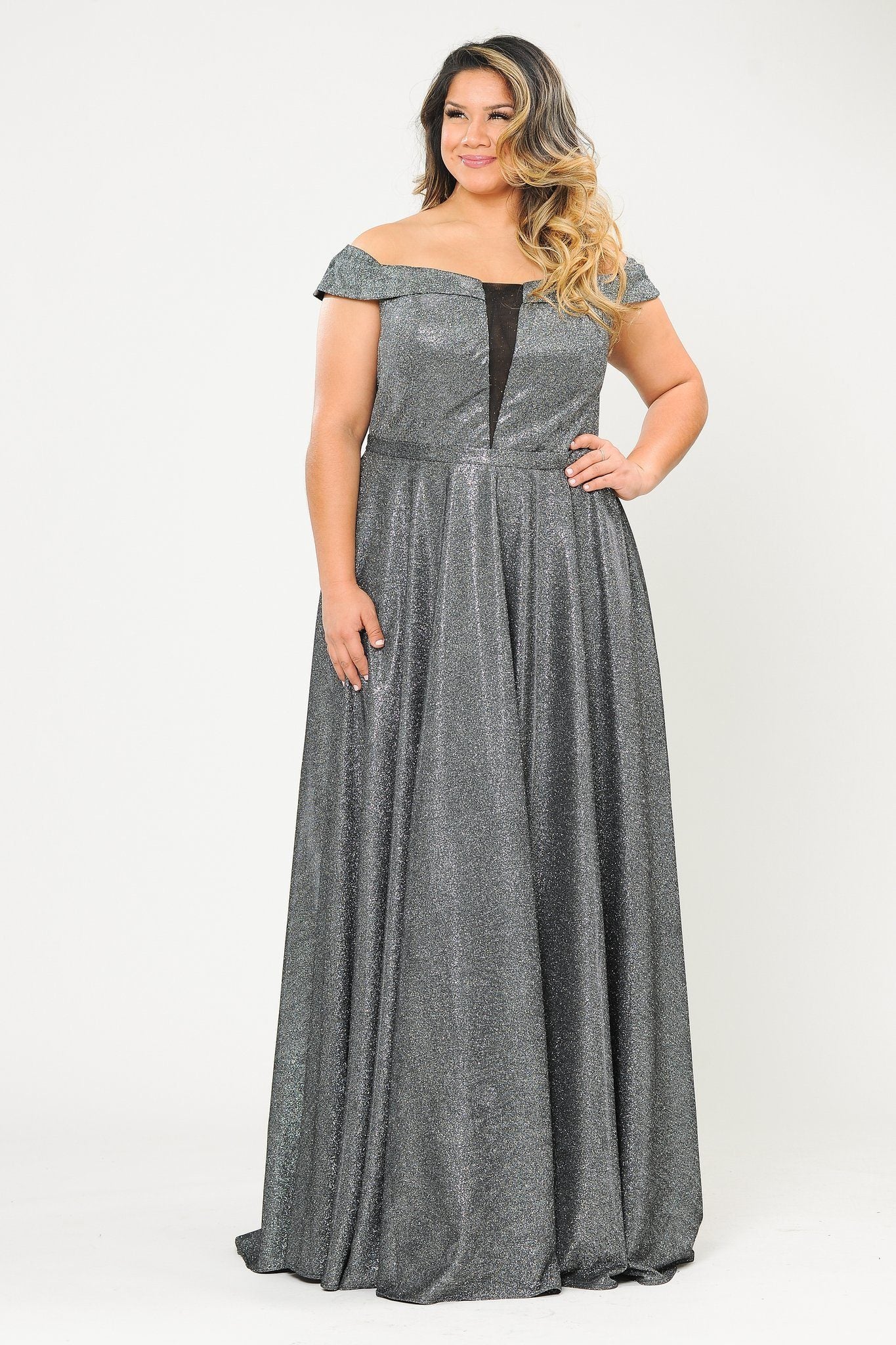 Plus Size Long Off Shoulder Glitter Dress by Poly USA W1060