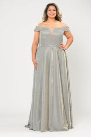 Plus Size Long Off Shoulder Glitter Dress by Poly USA W1060-Long Formal Dresses-ABC Fashion