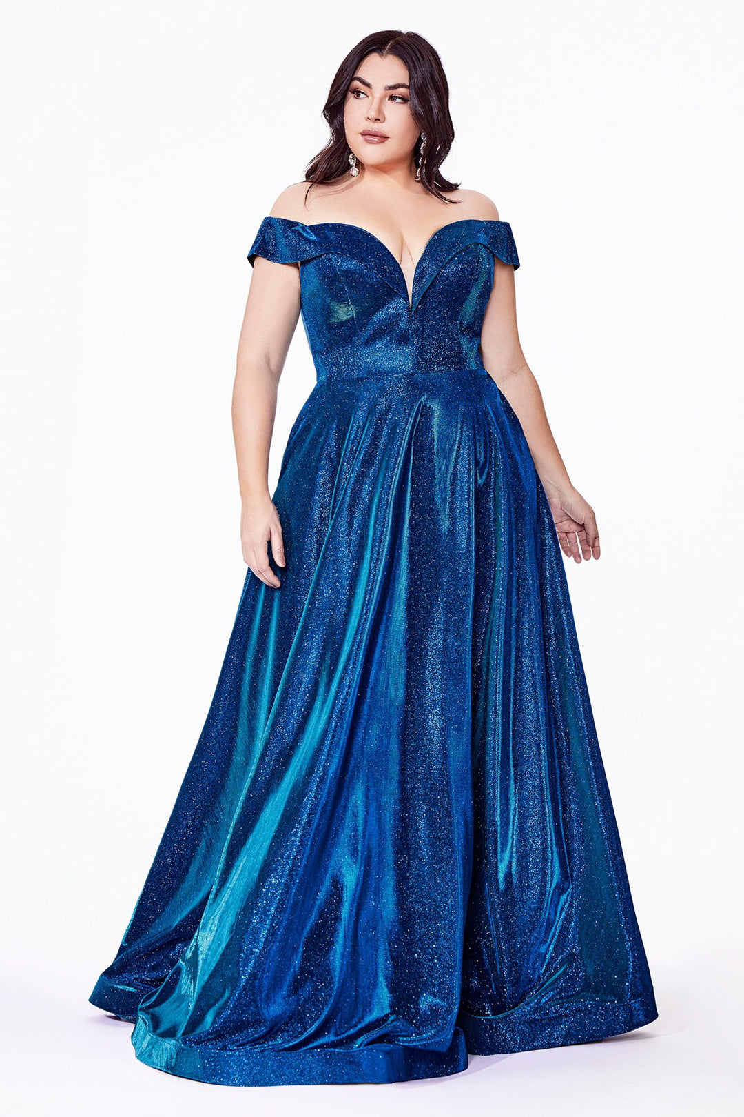 Plus Size Off Shoulder Metallic Gown by Cinderella Divine CD210C
