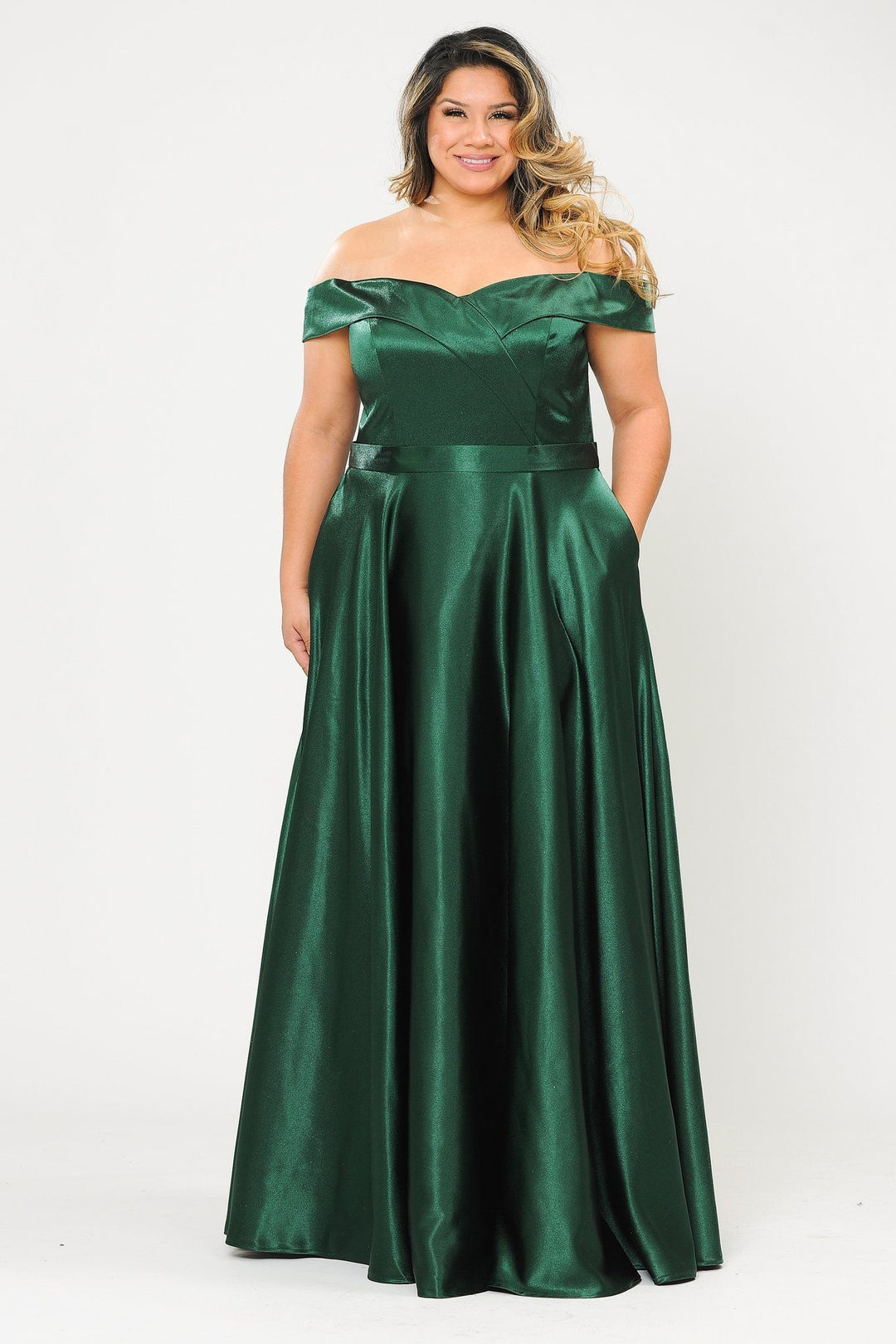 Plus Size Long Off Shoulder Satin Dress by Poly USA W1058