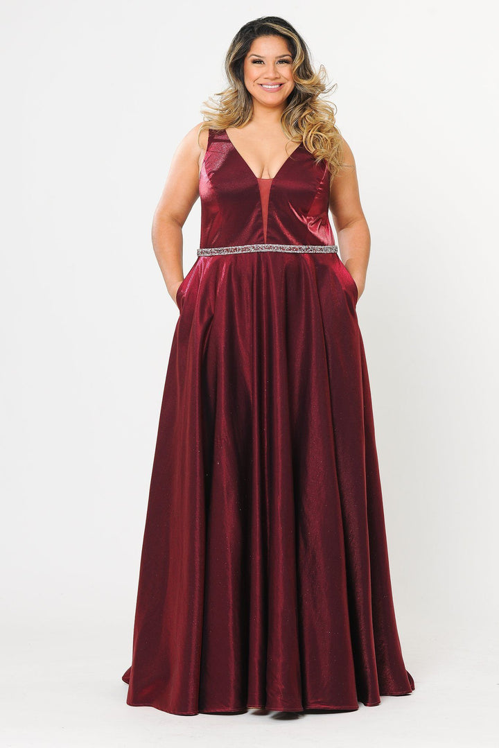 Plus Size Long Satin Deep V-Neck Dress by Poly USA W1062